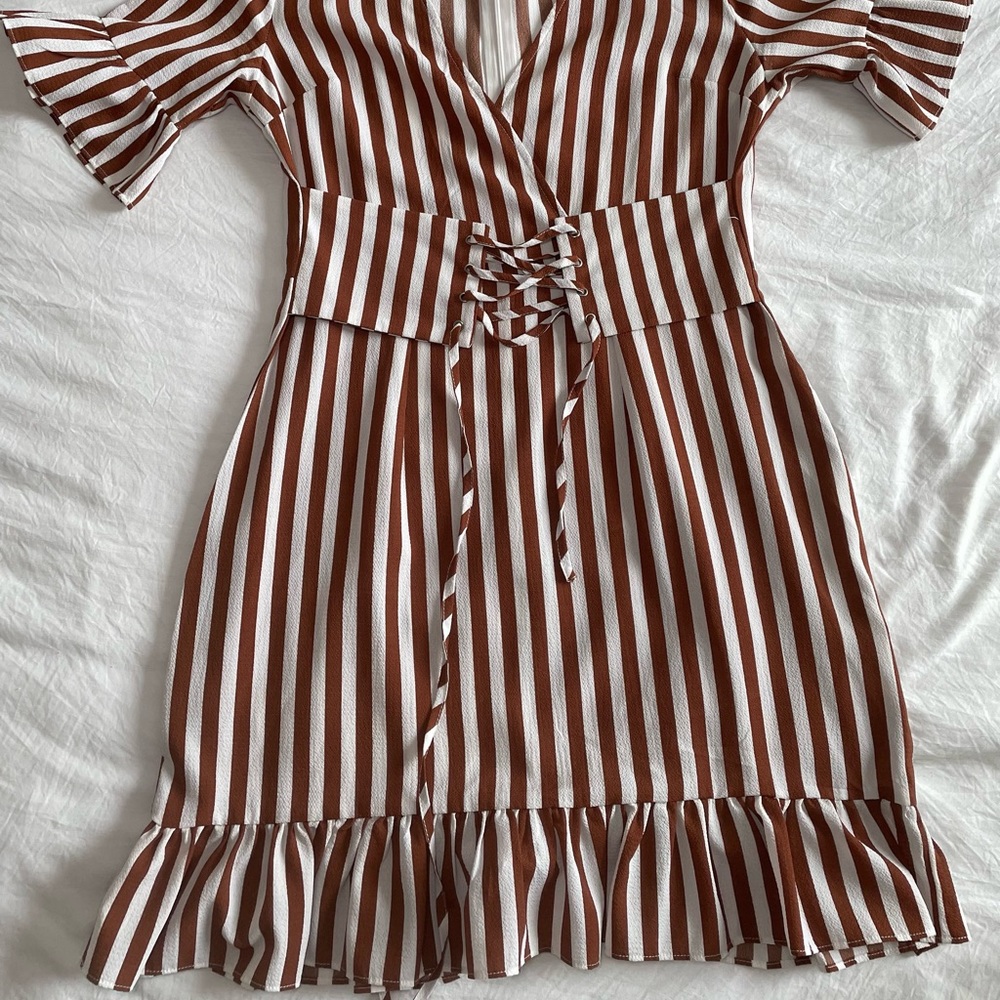 Brown and white strip mini dress.